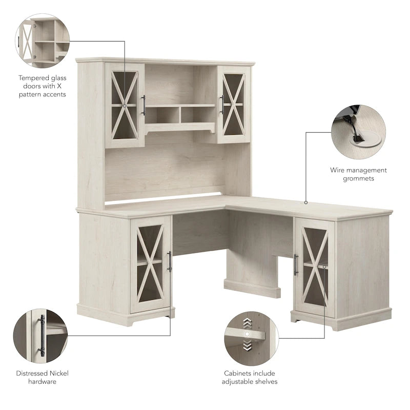 Bureau en L avec huche et armoires de rangement