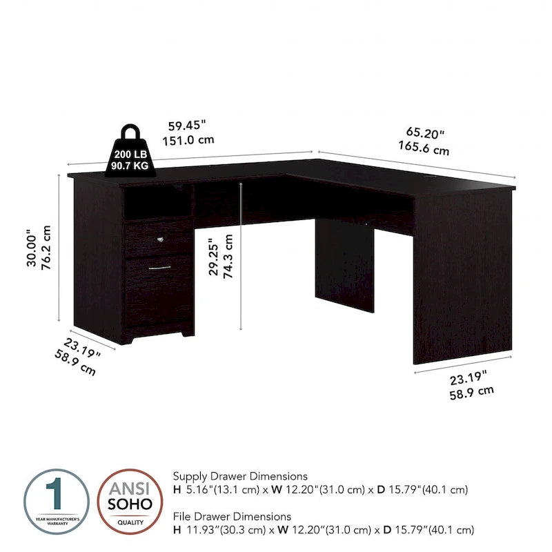Bureau d'angle en L de 152,4 cm avec huche et tiroirs par