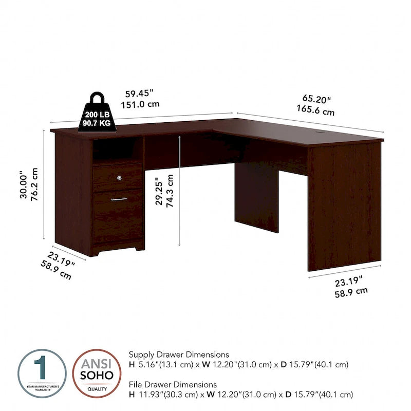 Bureau d'angle en L de 152,4 cm avec huche et tiroirs par