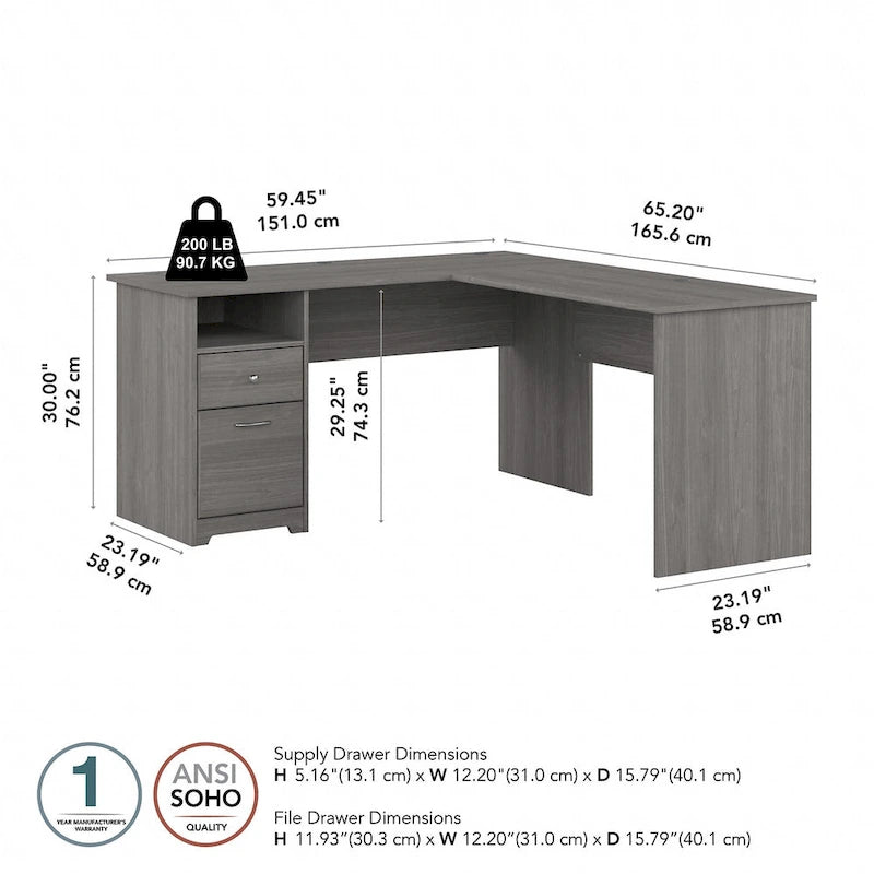 Bureau d'angle en L de 152,4 cm avec huche et tiroirs par