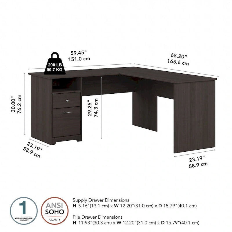 Bureau d'angle en L de 152,4 cm avec huche et tiroirs par