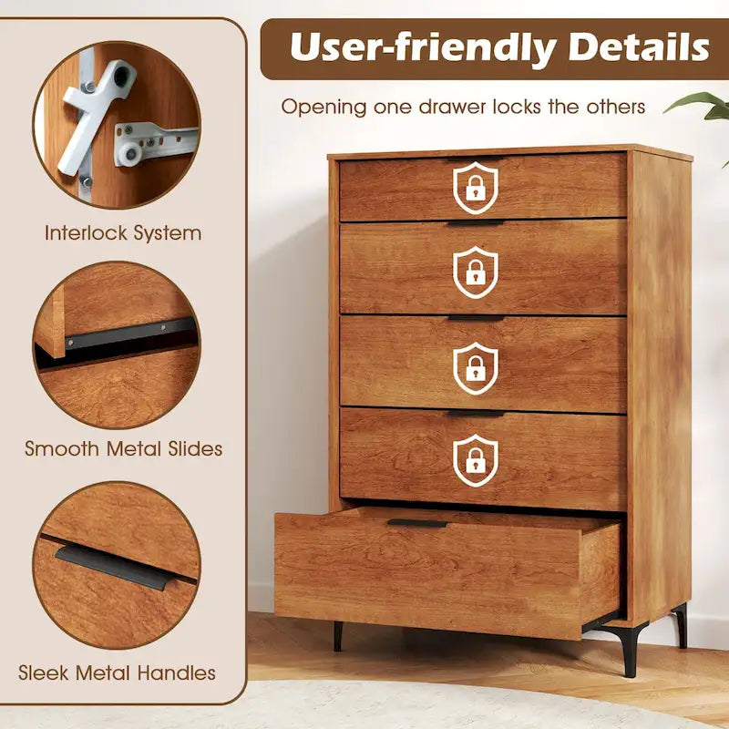 Commode 5 tiroirs avec système de verrouillage, pieds de support en métal et