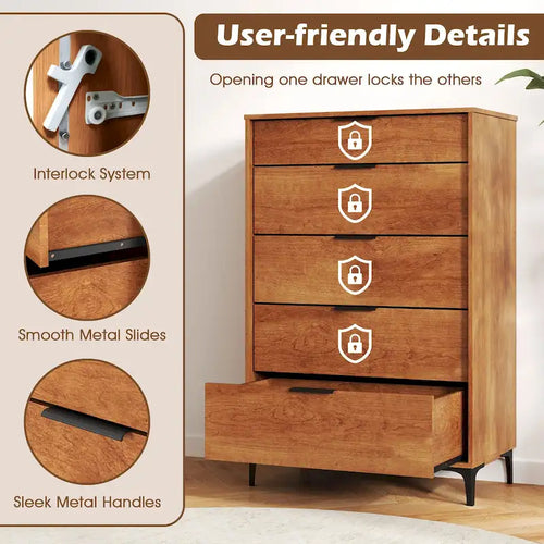 Commode 5 tiroirs avec système de verrouillage, pieds de support en métal et
