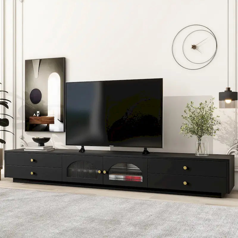 Meuble TV de luxe de 86 pouces, console média avec portes en verre cannelé et quatre tiroirs - 15,70 x 86,60 x 12,80