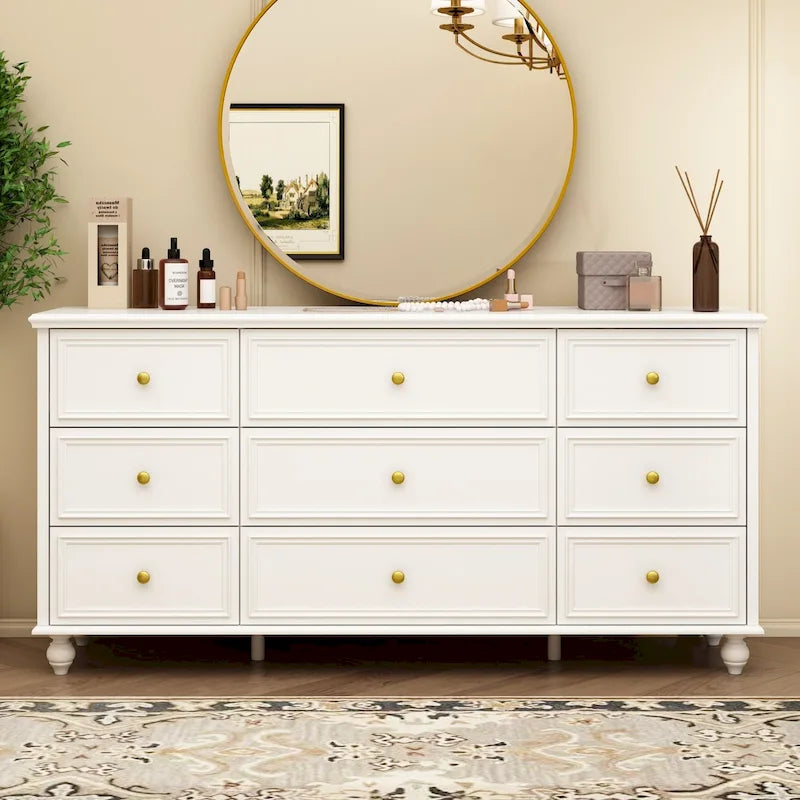 Commode en bois 63 W, organisateur de rangement de chambre à coucher, 9 tiroirs de placard