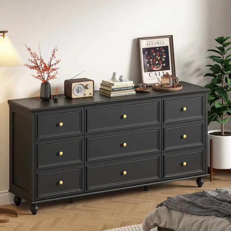Commode en bois 63 W, organisateur de rangement de chambre à coucher, 9 tiroirs de placard