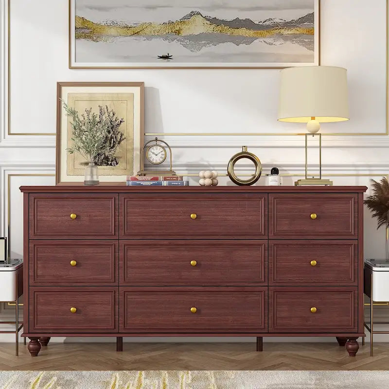 Commode en bois 63 W, organisateur de rangement de chambre à coucher, 9 tiroirs de placard