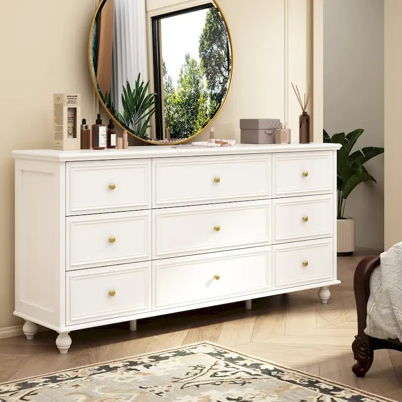 Commode en bois 63 W, organisateur de rangement de chambre à coucher, 9 tiroirs de placard