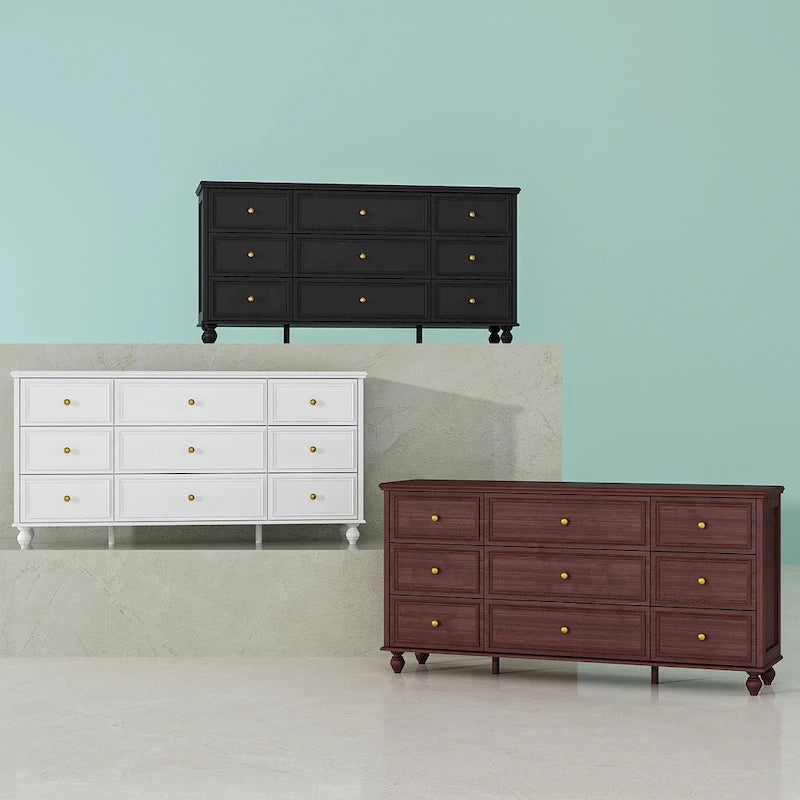 Commode en bois 63 W, organisateur de rangement de chambre à coucher, 9 tiroirs de placard