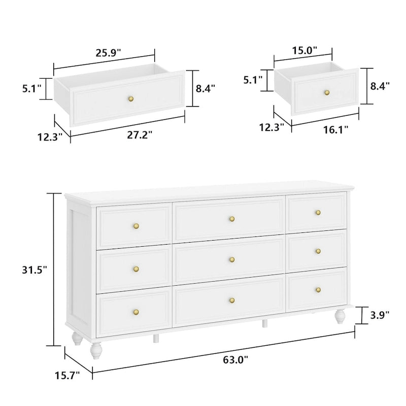 Commode en bois 63 W, organisateur de rangement de chambre à coucher, 9 tiroirs de placard