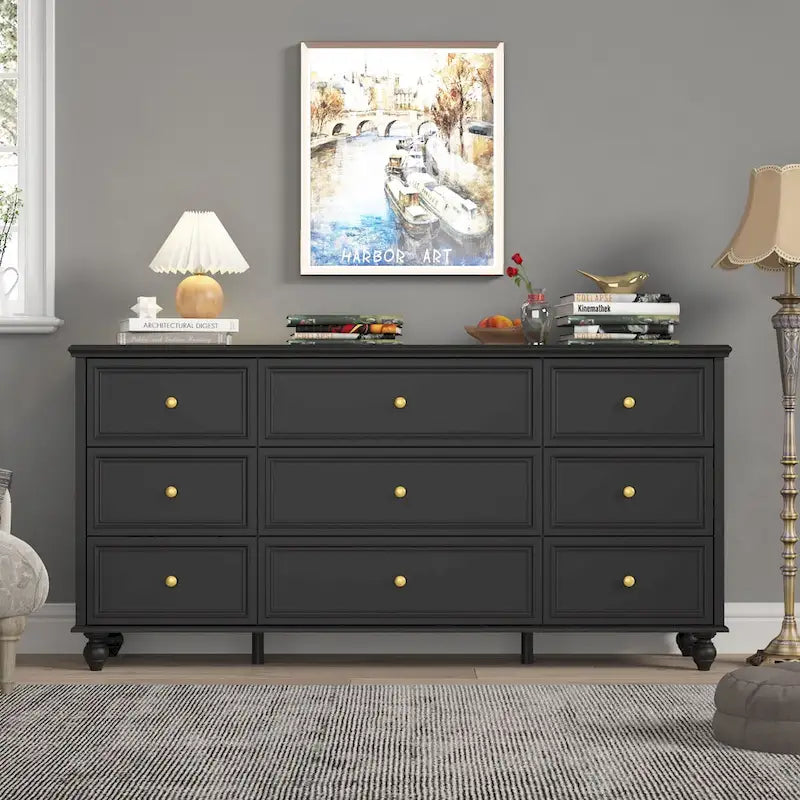 Commode en bois 63 W, organisateur de rangement de chambre à coucher, 9 tiroirs de placard