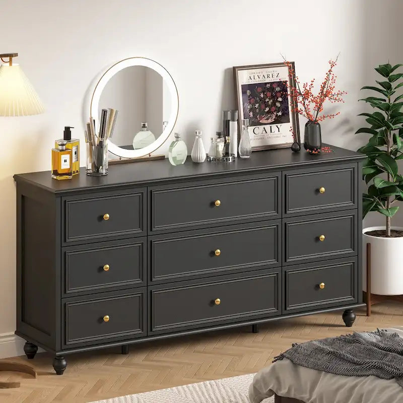 Commode en bois 63 W, organisateur de rangement de chambre à coucher, 9 tiroirs de placard