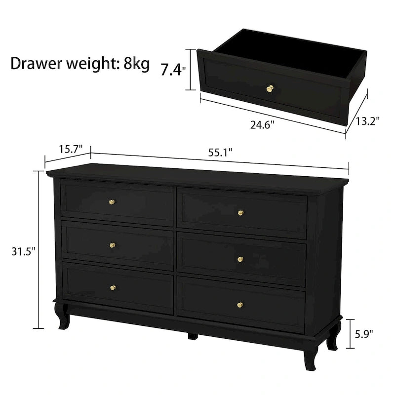 Commode de chambre à coucher en bois à 6 tiroirs profonds