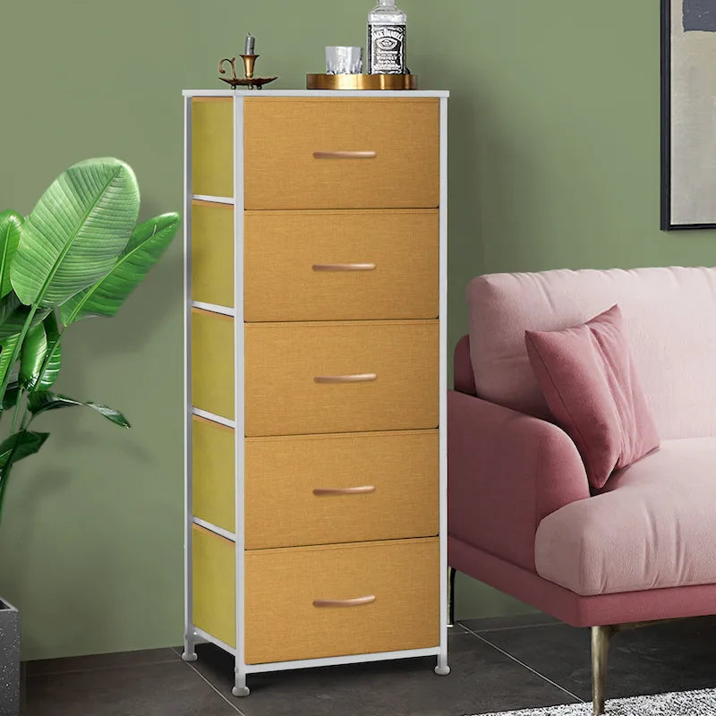 Commode de chambre à 5 tiroirs avec tour de rangement verticale en tissu