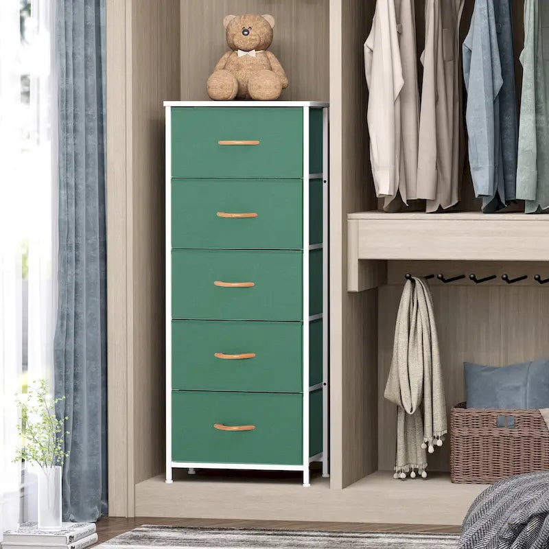 Commode de chambre à 5 tiroirs avec tour de rangement verticale en tissu