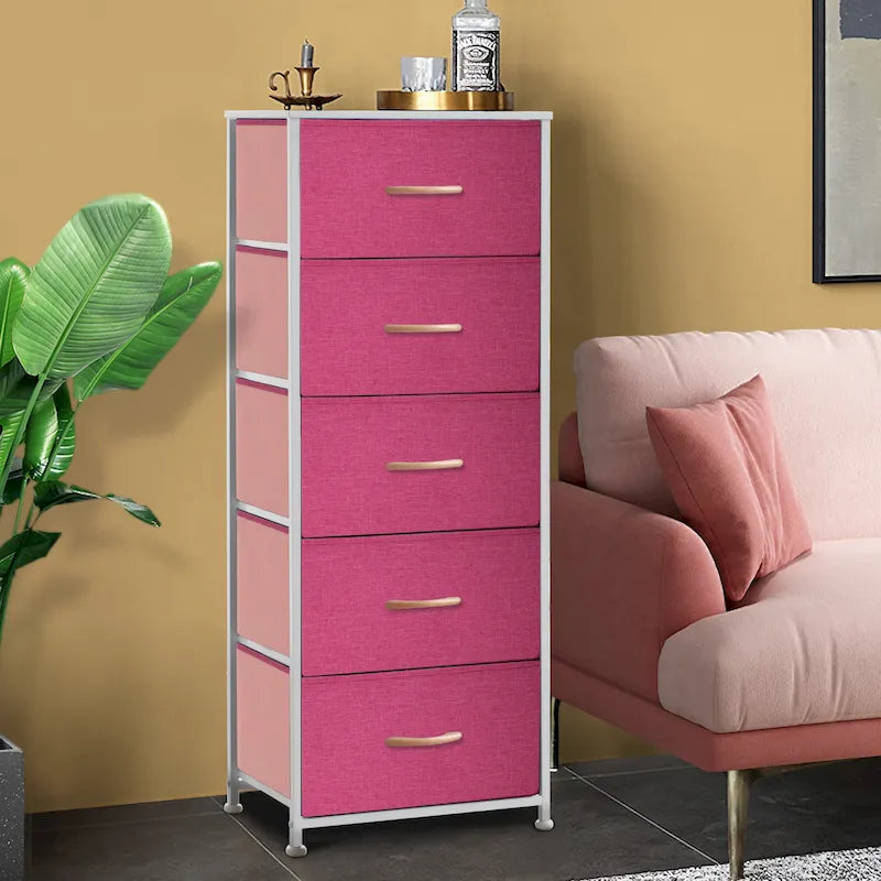 Commode de chambre à 5 tiroirs avec tour de rangement verticale en tissu