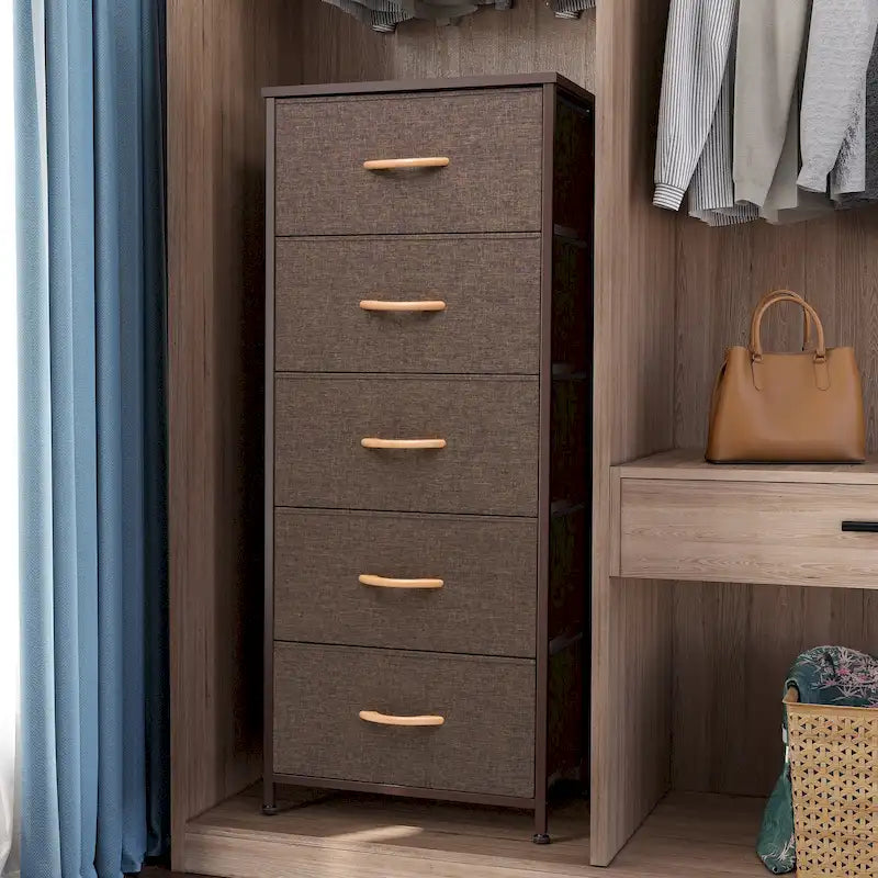 Commode de chambre à 5 tiroirs avec tour de rangement verticale en tissu