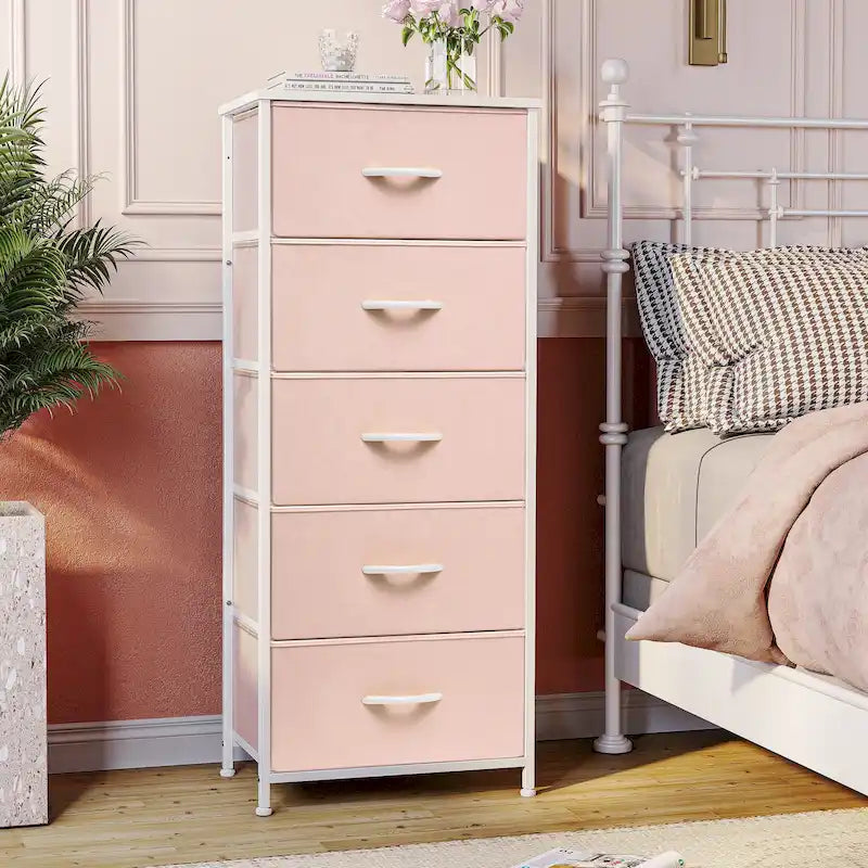 Commode de chambre à 5 tiroirs avec tour de rangement verticale en tissu