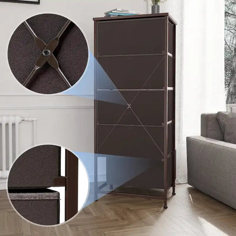 Commode de chambre à 5 tiroirs avec tour de rangement verticale en tissu