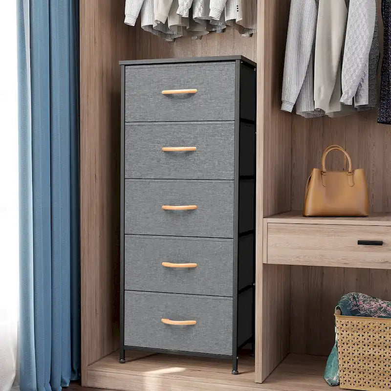Commode de chambre à 5 tiroirs avec tour de rangement verticale en tissu