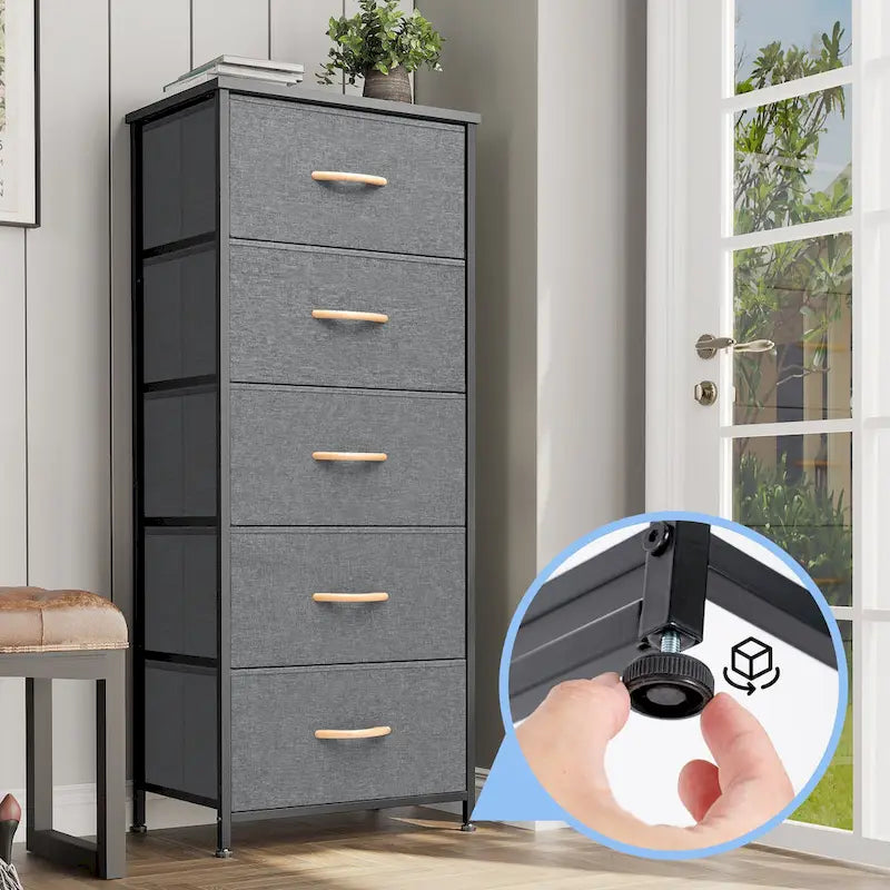 Commode de chambre à 5 tiroirs avec tour de rangement verticale en tissu