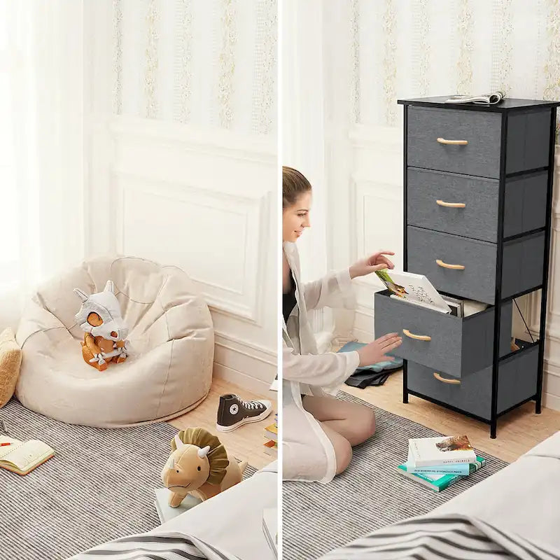 Commode de chambre à 5 tiroirs avec tour de rangement verticale en tissu