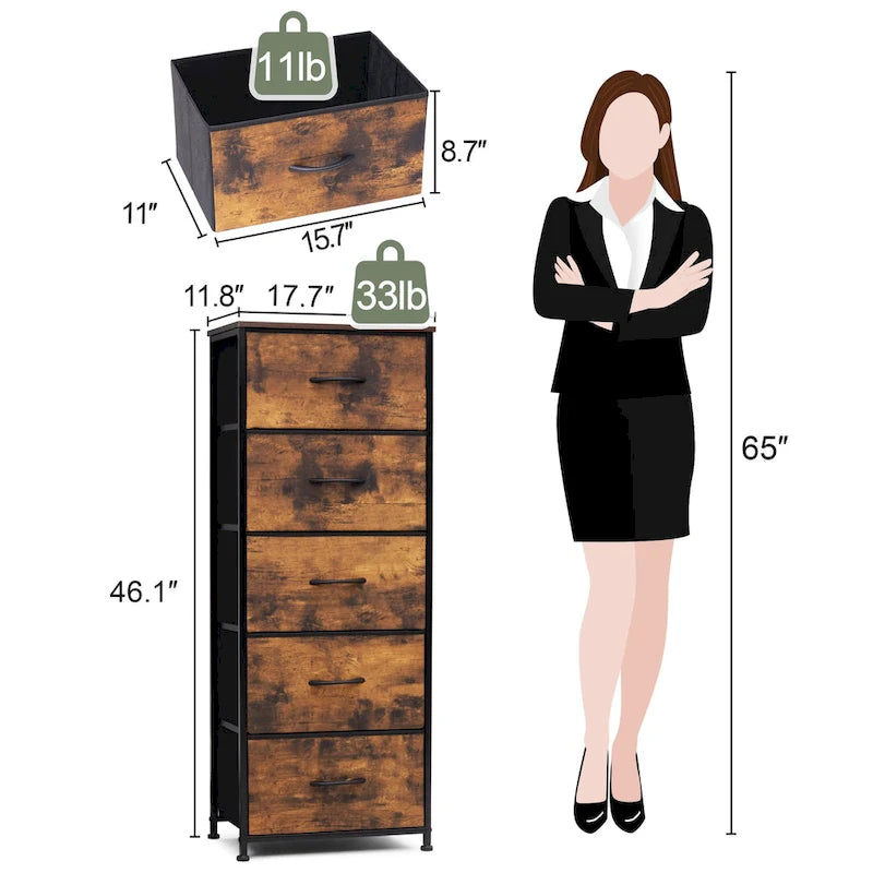 Commode de chambre à 5 tiroirs avec tour de rangement verticale en tissu