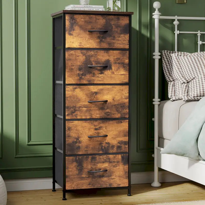 Commode de chambre à 5 tiroirs avec tour de rangement verticale en tissu