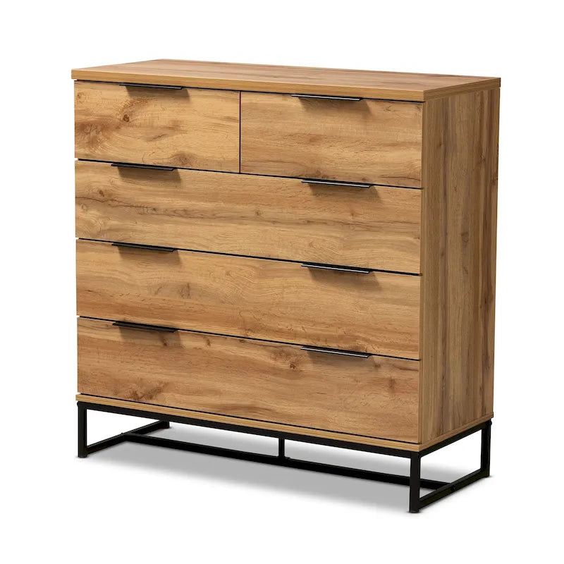 Commode de chambre 5 tiroirs en bois de chêne et métal noir
