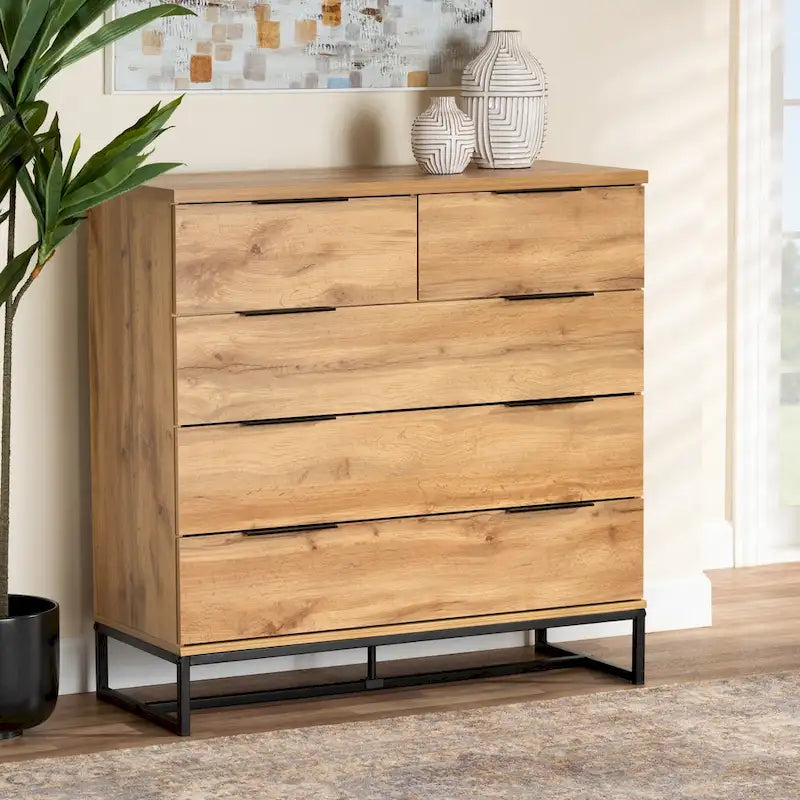 Commode de chambre 5 tiroirs en bois de chêne et métal noir