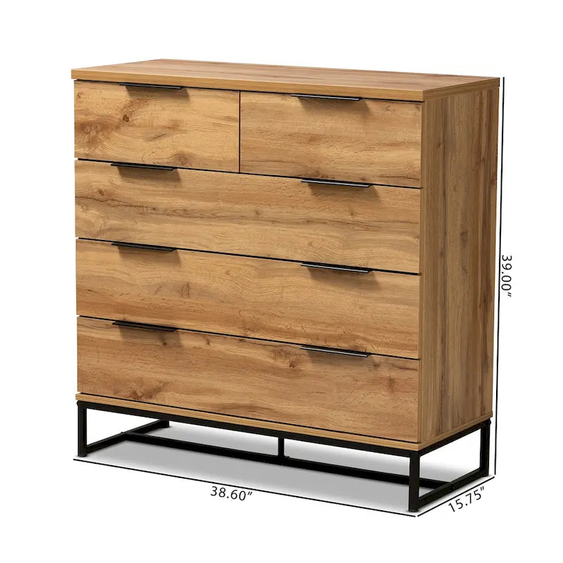 Commode de chambre 5 tiroirs en bois de chêne et métal noir