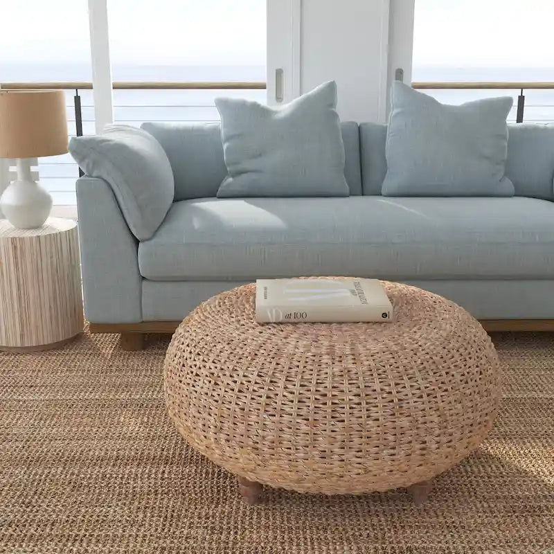Natural Whitewashed Abaca Round Coffee Table Ottoman by 