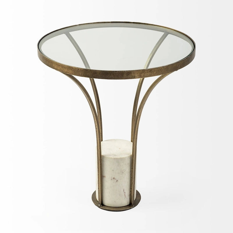 Table d'appoint ronde avec plateau en verre, métal doré et piédestal en marbre blanc