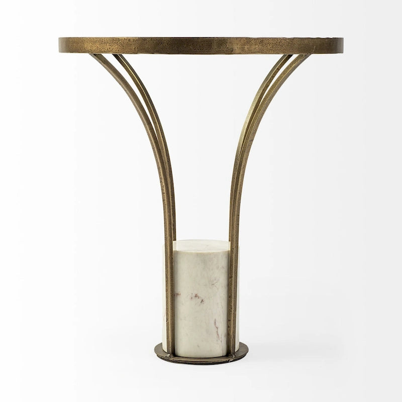 Table d'appoint ronde avec plateau en verre, métal doré et piédestal en marbre blanc
