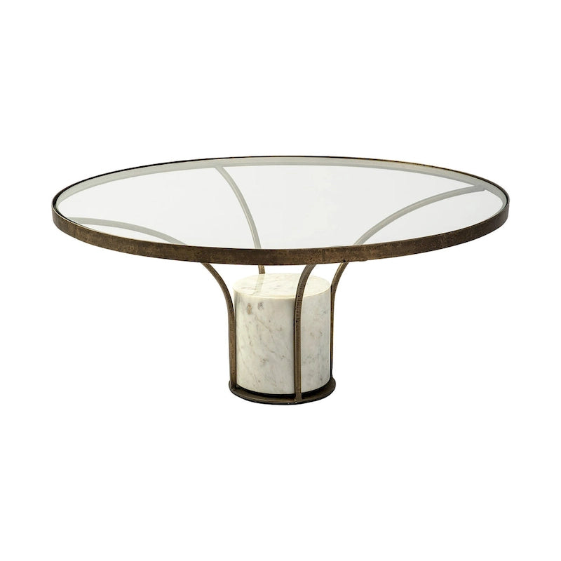 Table d'appoint ronde avec plateau en verre, métal doré et piédestal en marbre blanc