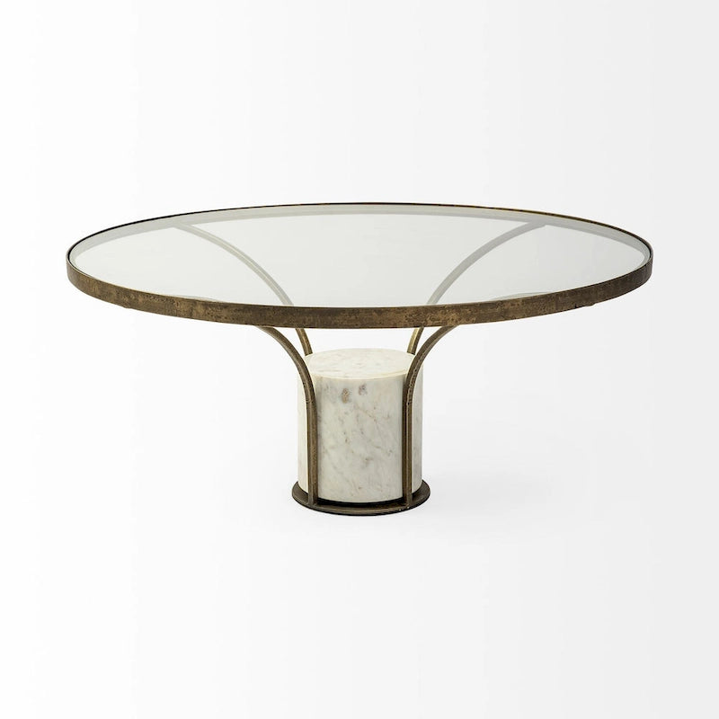 Table d'appoint ronde avec plateau en verre, métal doré et piédestal en marbre blanc