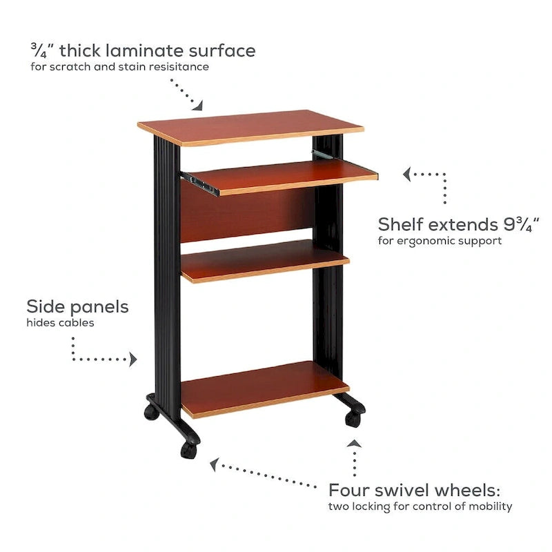 Bureau d'ordinateur mobile debout et support d'imprimante avec rangement