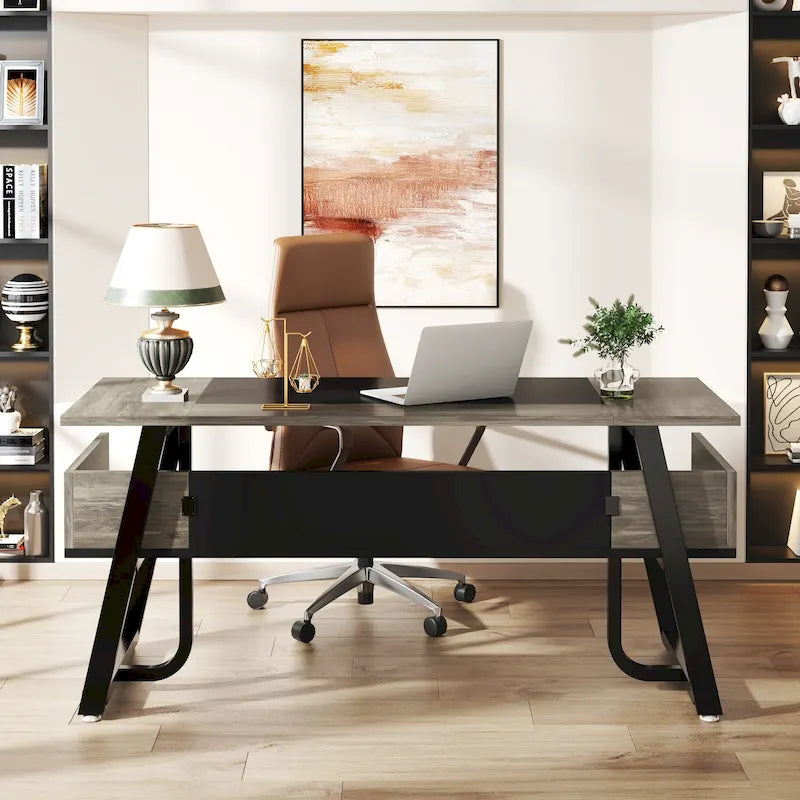 Bureau de Direction avec Étagère de Rangement, Poste de Travail Professionnel, Bureau d'Écriture pour la Salle du Patron