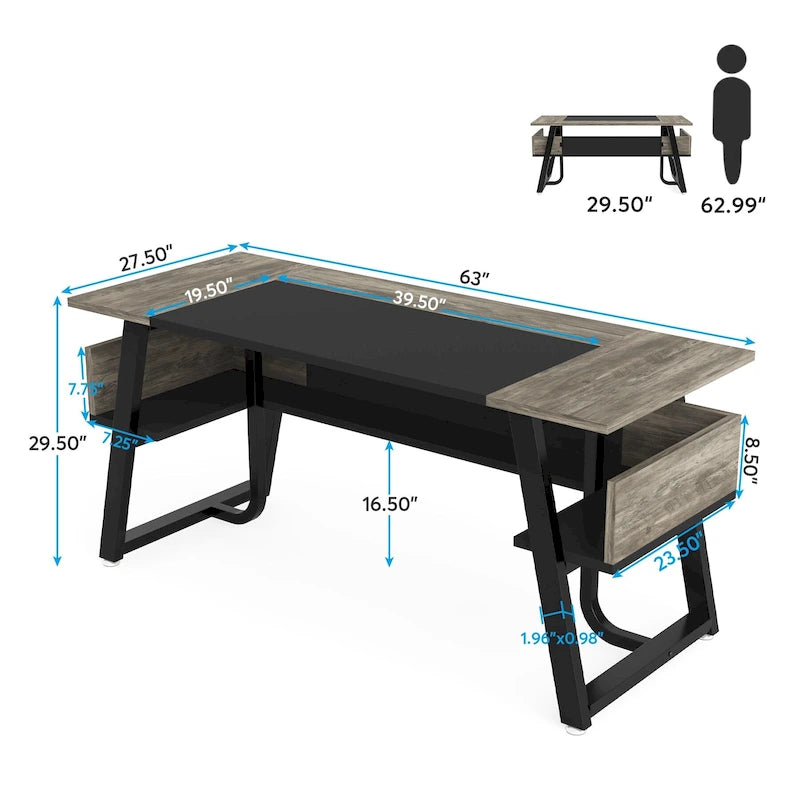 Bureau de Direction avec Étagère de Rangement, Poste de Travail Professionnel, Bureau d'Écriture pour la Salle du Patron