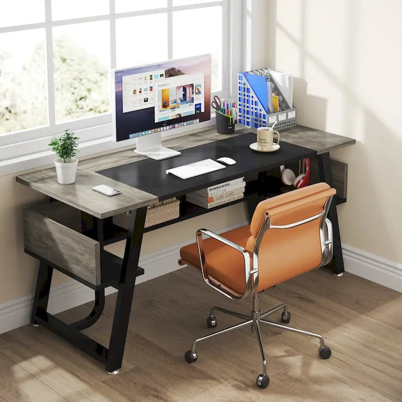 Bureau de Direction avec Étagère de Rangement, Poste de Travail Professionnel, Bureau d'Écriture pour la Salle du Patron