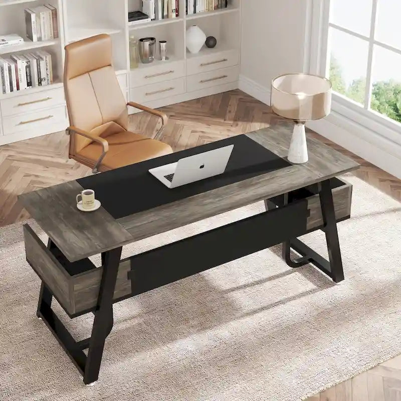 Bureau de Direction avec Étagère de Rangement, Poste de Travail Professionnel, Bureau d'Écriture pour la Salle du Patron