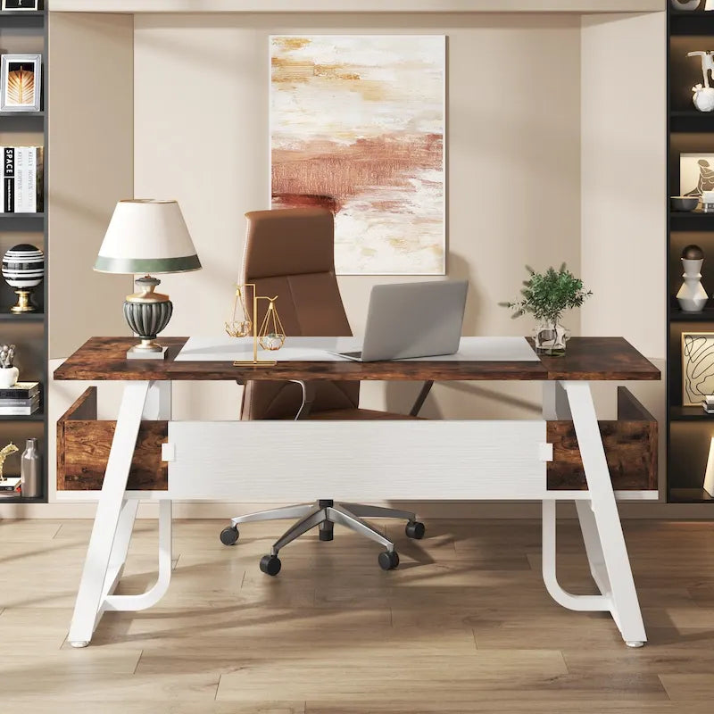 Bureau de Direction avec Étagère de Rangement, Poste de Travail Professionnel, Bureau d'Écriture pour la Salle du Patron
