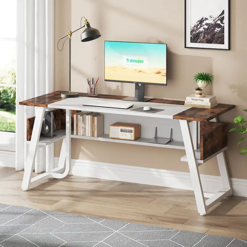 Bureau de Direction avec Étagère de Rangement, Poste de Travail Professionnel, Bureau d'Écriture pour la Salle du Patron