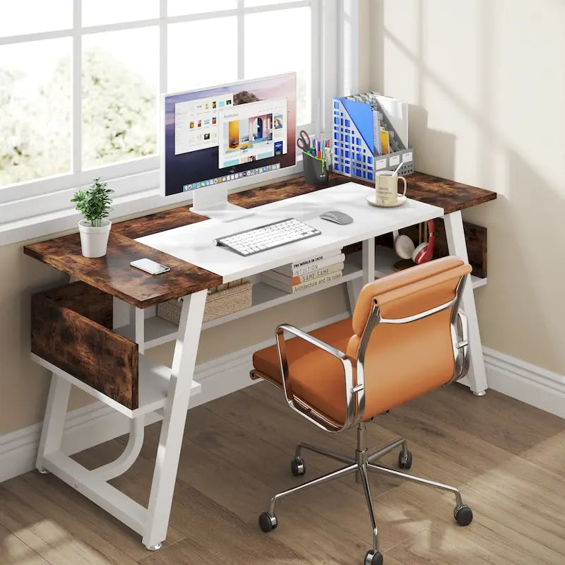 Bureau de Direction avec Étagère de Rangement, Poste de Travail Professionnel, Bureau d'Écriture pour la Salle du Patron