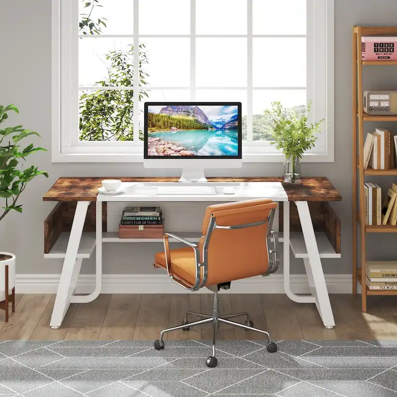 Bureau de Direction avec Étagère de Rangement, Poste de Travail Professionnel, Bureau d'Écriture pour la Salle du Patron