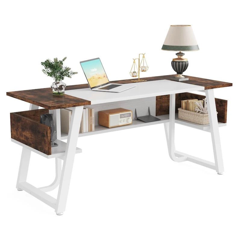 Bureau de Direction avec Étagère de Rangement, Poste de Travail Professionnel, Bureau d'Écriture pour la Salle du Patron
