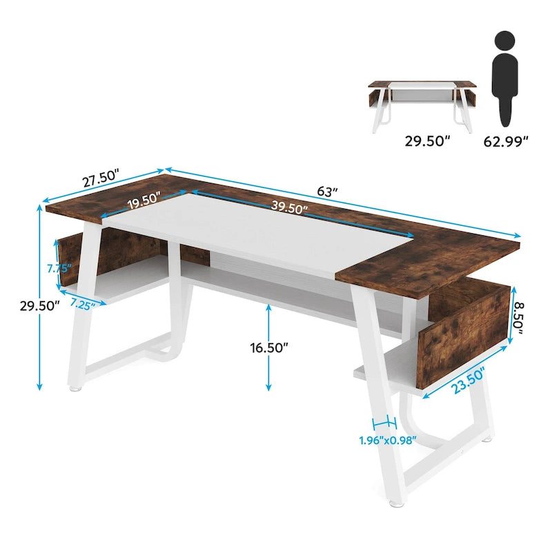Bureau de Direction avec Étagère de Rangement, Poste de Travail Professionnel, Bureau d'Écriture pour la Salle du Patron