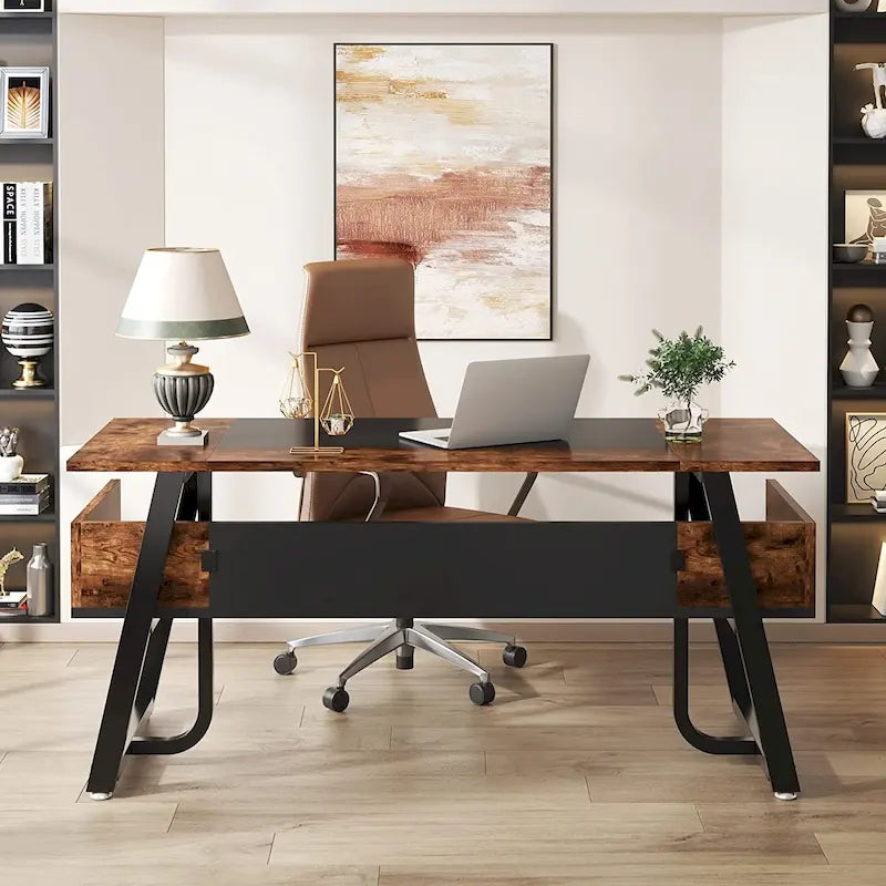 Bureau de Direction avec Étagère de Rangement, Poste de Travail Professionnel, Bureau d'Écriture pour la Salle du Patron