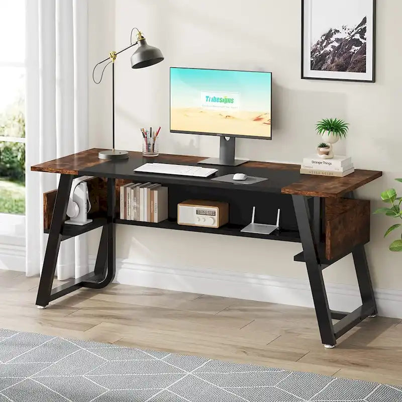 Bureau de Direction avec Étagère de Rangement, Poste de Travail Professionnel, Bureau d'Écriture pour la Salle du Patron