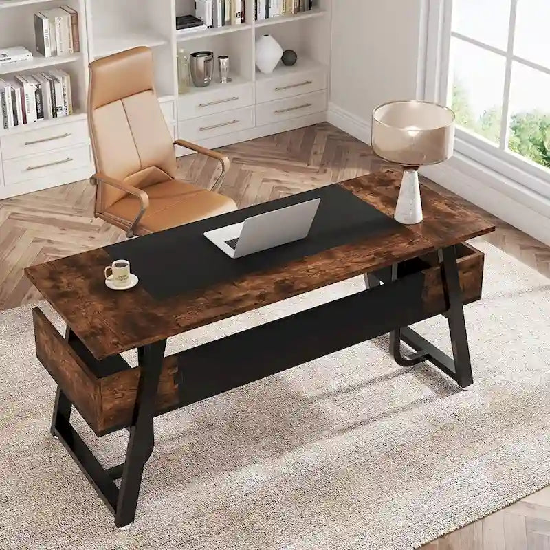 Bureau de Direction avec Étagère de Rangement, Poste de Travail Professionnel, Bureau d'Écriture pour la Salle du Patron